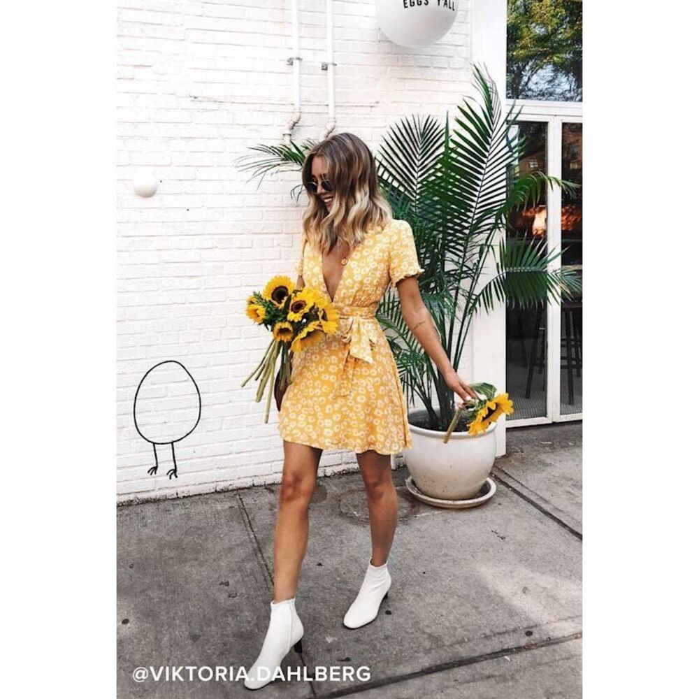 Lulus Mustard Yellow Floral Print Mini Dress-XL